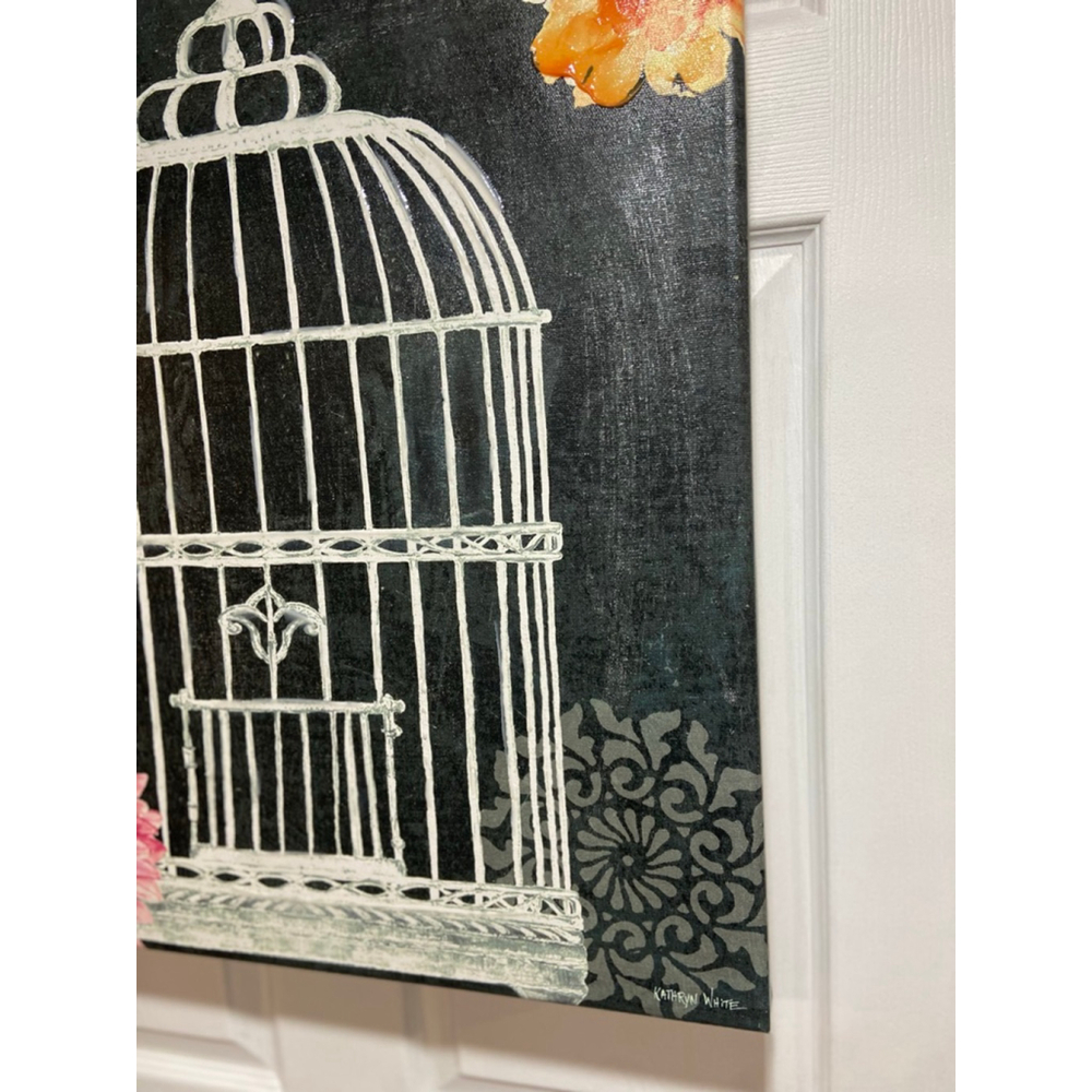 Kathryn White Original Canvas Painting Bird Cage Floral Wall Art Signed 32 x 24 - Picture 5 of 8